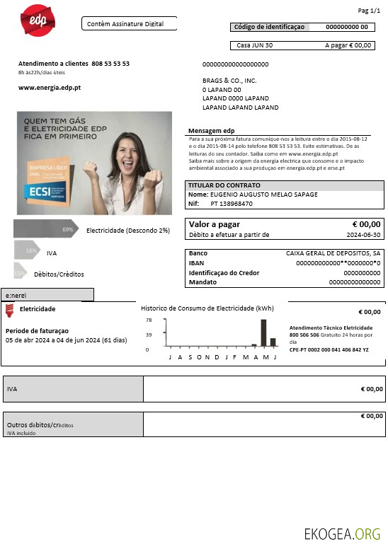 Modèle de facture de services publics d'électricité du Portugal EDP aux formats Word et PDF